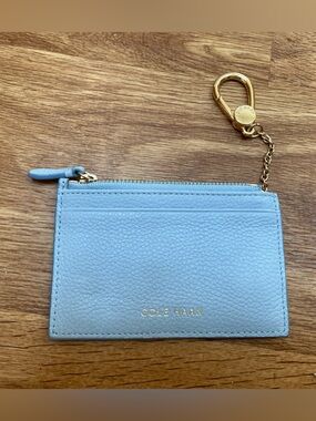 Cole Haan Grand Series Leather Card Case Powder Blue with Gold Keychain